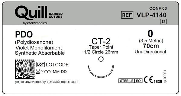 PDO (полідіоксанон), фіолетовий, 0,70см (cm), колюча голка (Taper Point), CT-2 (26мм (mm) 1/2 кола), односпрямований